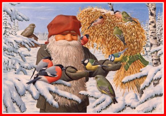 Julbonad tomte med kärve matar fåglar - Nostalgiska.se