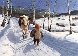  Julkort Tomte med ko i vinterkvällen - Nostalgiska.se