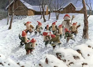  Julkort tomtar leker snöbollskrig - A6 format - Nostalgiska.se