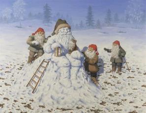  Julkort tomtar bygger snötomte - A6 format - Nostalgiska.se