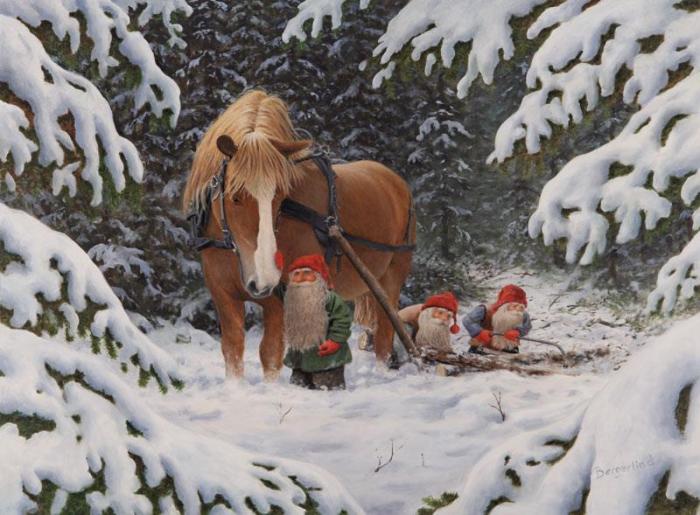 Bild 1,  Julkort tomtar med vänner i snöig skog - A6 format - Nostalgiska.se