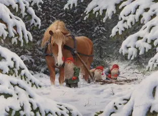  Julkort tomtar med vänner i snöig skog - A6 format - Nostalgiska.se