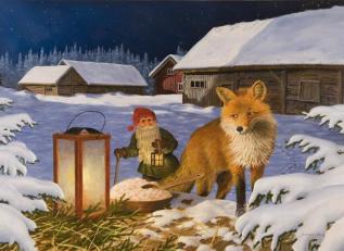  Julkort Tomte med räv i vinterkvällen - Nostalgiska.se