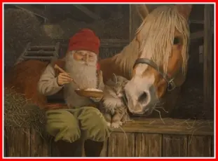  Julbonad tomte äter gröt i stallet med häst - Nostalgiska.se