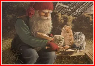  Julbonad tomte äter gröt i med kattungar - Nostalgiska.se